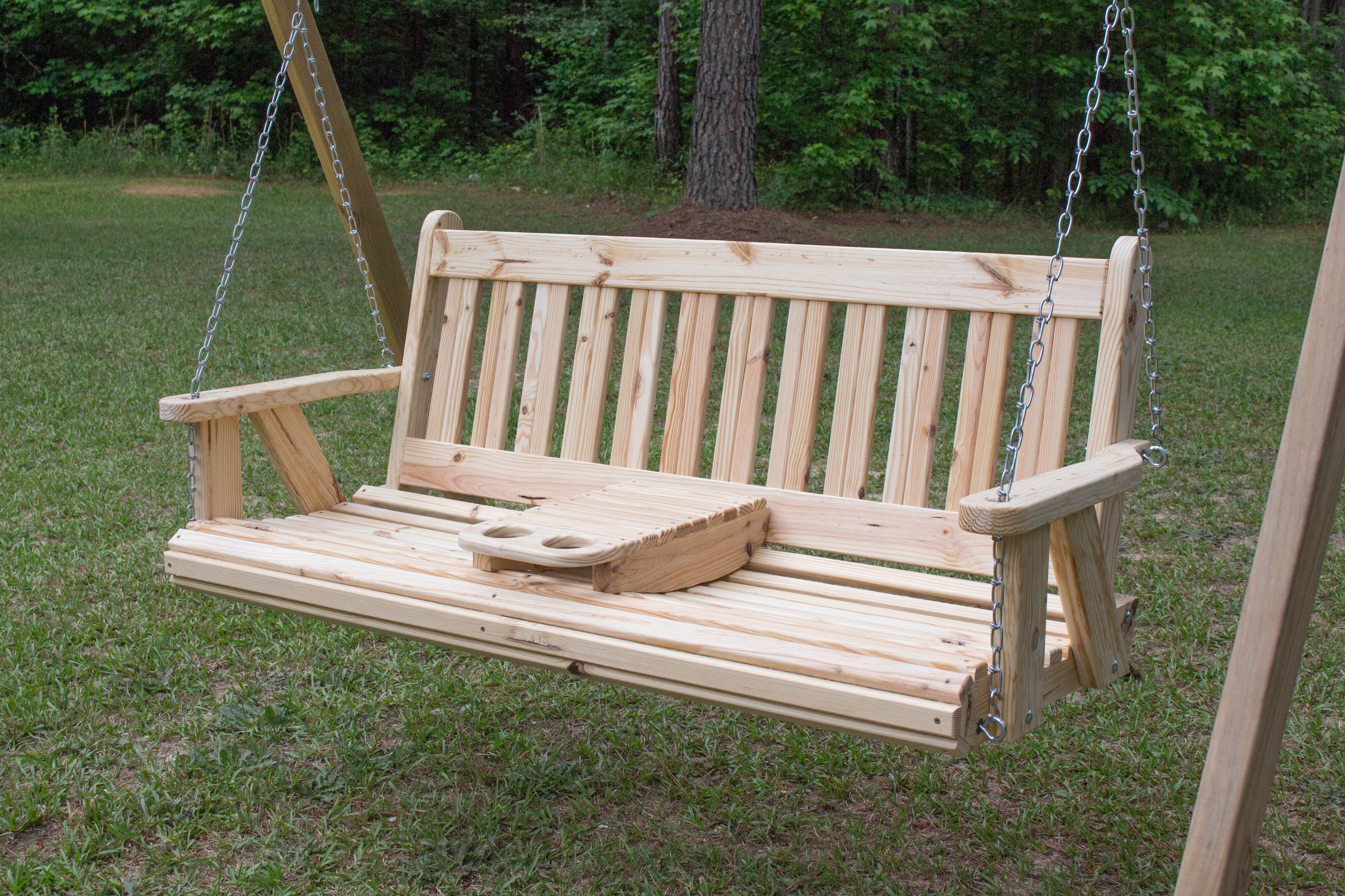 5 Foot Mission Porch Swing Knotty Pine w Portable Cup Holder